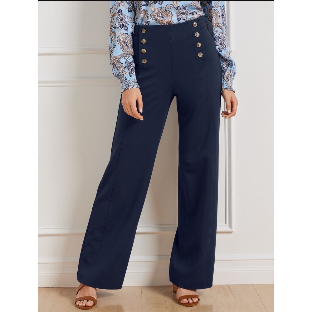 Talbots Y2K Nautical Coastal Wide Leg Pants Preppy Career Resortwear Navy Size 8